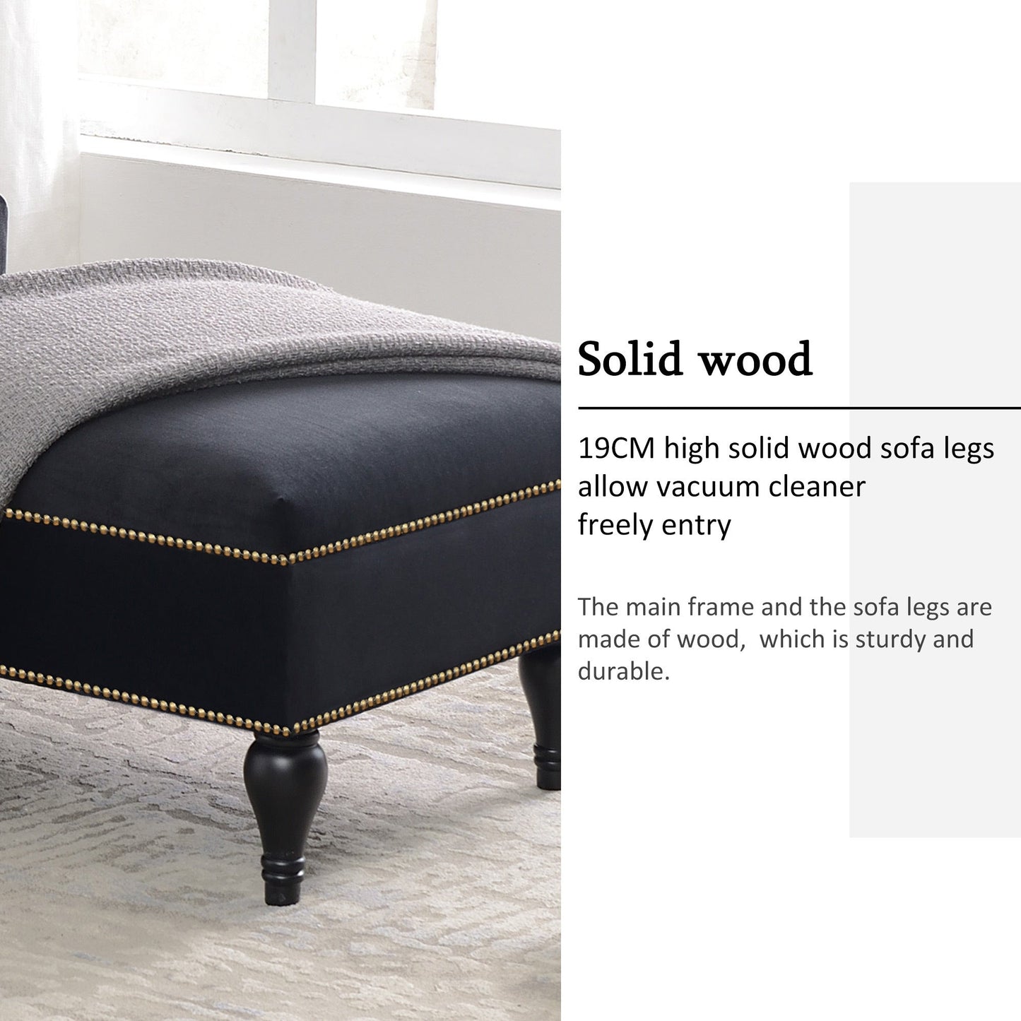 58" Velvet Chaise Lounge with Nailhead Trim and Solid Wood Legs