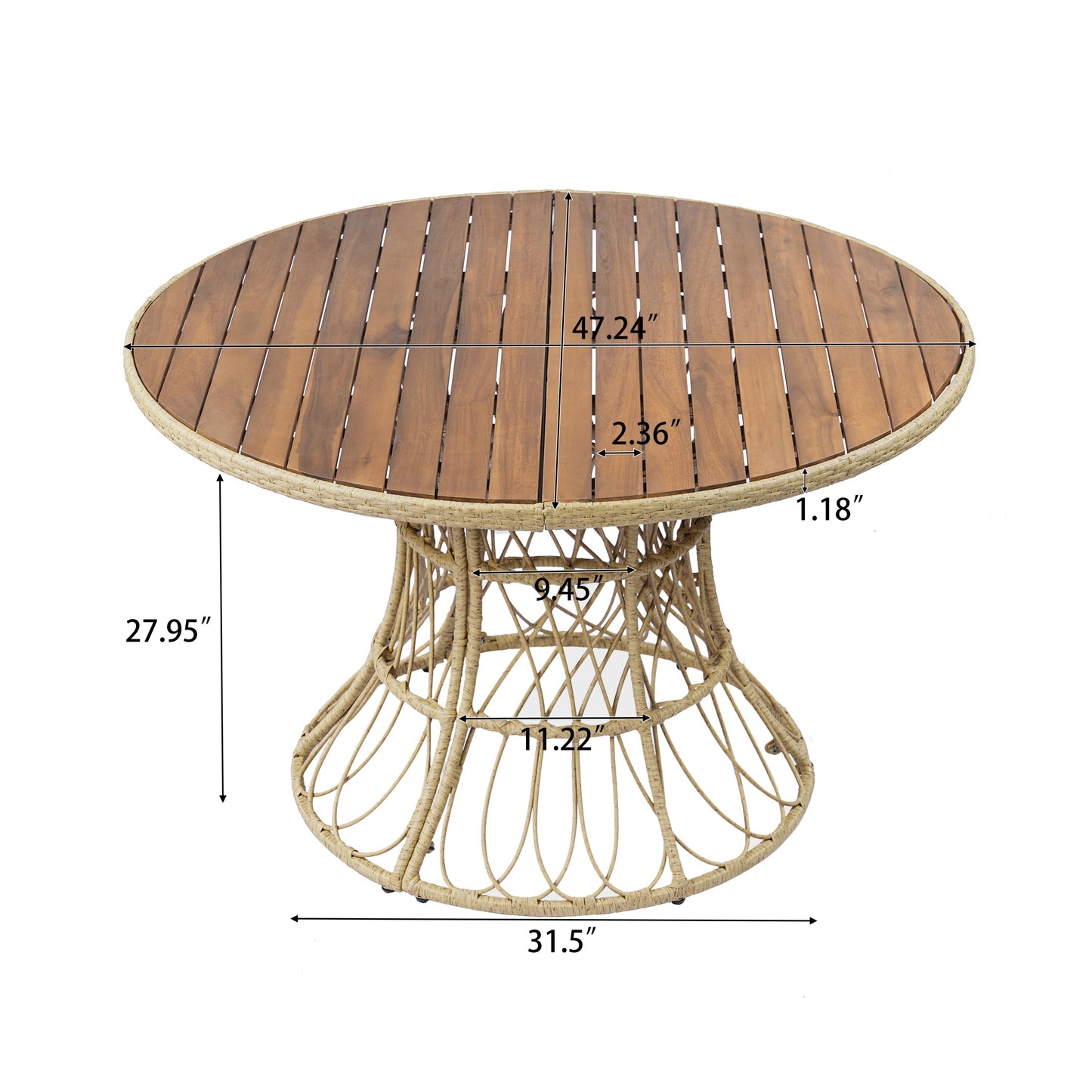 5-Piece Outdoor Dining Set: Teak Finish Round Acacia Wood Table & 4 Wicker Armchairs