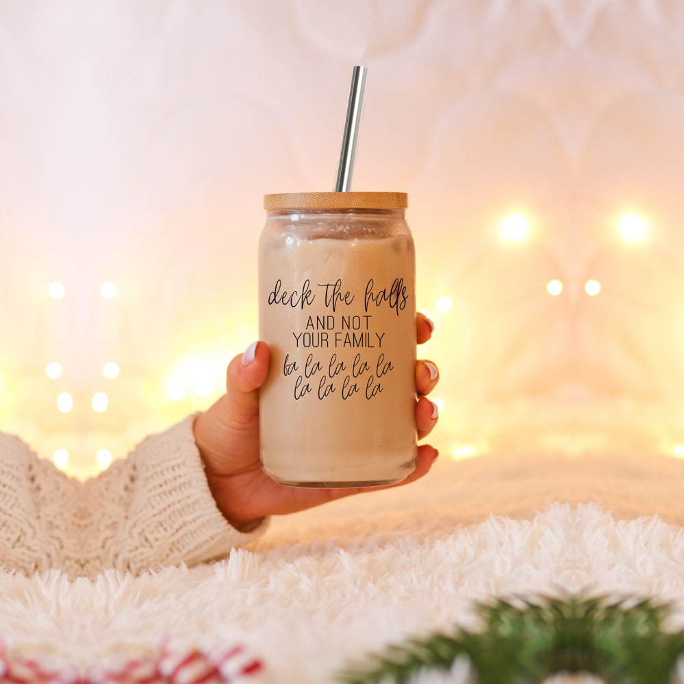 Deck The Halls 17oz Glass Tumbler With Bamboo Lid, Stainless Straws and Cleaner