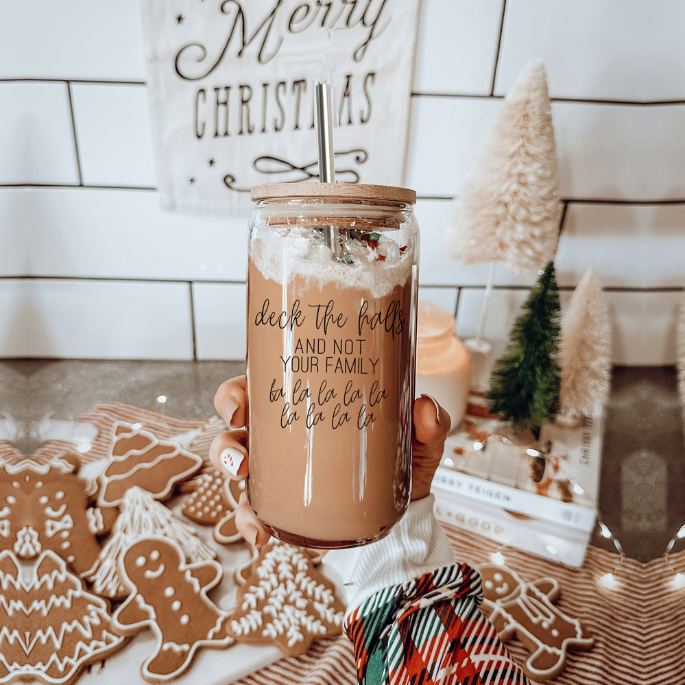 Deck The Halls 17oz Glass Tumbler With Bamboo Lid, Stainless Straws and Cleaner