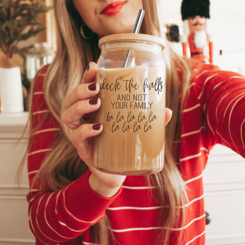 Deck The Halls 17oz Glass Tumbler With Bamboo Lid, Stainless Straws and Cleaner