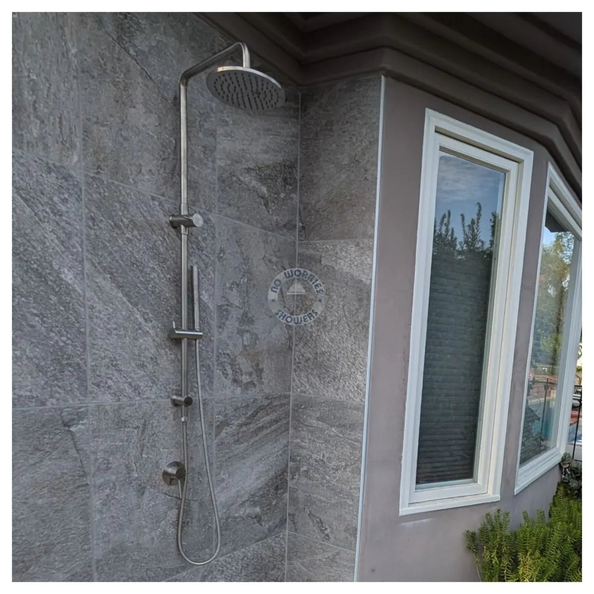 No Worries Showers Delta 316L Marine Grade Stainless Steel Wall Mounted Outdoor / Indoor Pool Shower Rail, 2 in 1 with Hot & Cold Mixer Valve and Hand Shower Wand Package