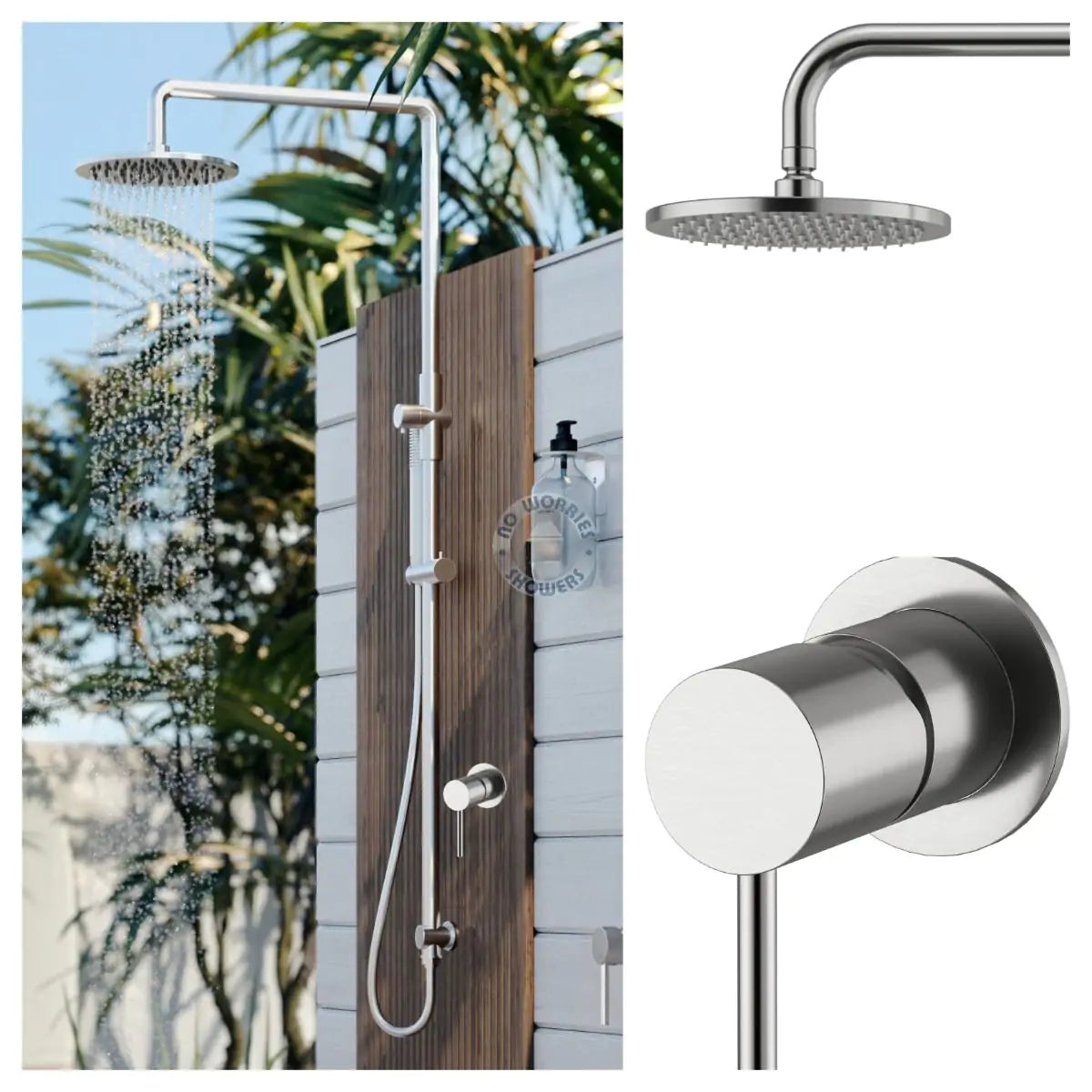 No Worries Showers Delta 316L Marine Grade Stainless Steel Wall Mounted Outdoor / Indoor Pool Shower Rail, 2 in 1 with Hot & Cold Mixer Valve and Hand Shower Wand Package