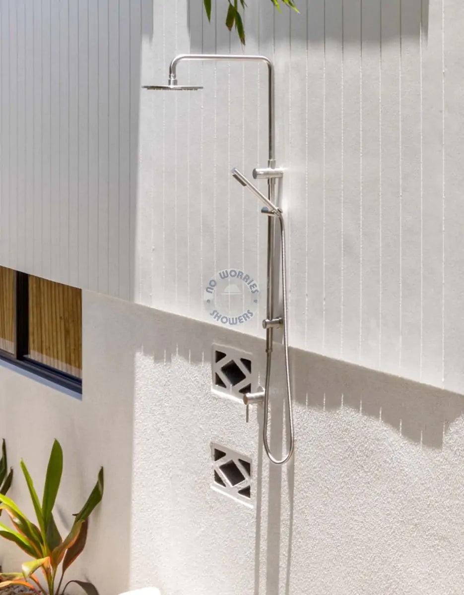 No Worries Showers Delta 316L Marine Grade Stainless Steel Wall Mounted Outdoor / Indoor Pool Shower Rail, 2 in 1 with Hot & Cold Mixer Valve and Hand Shower Wand Package