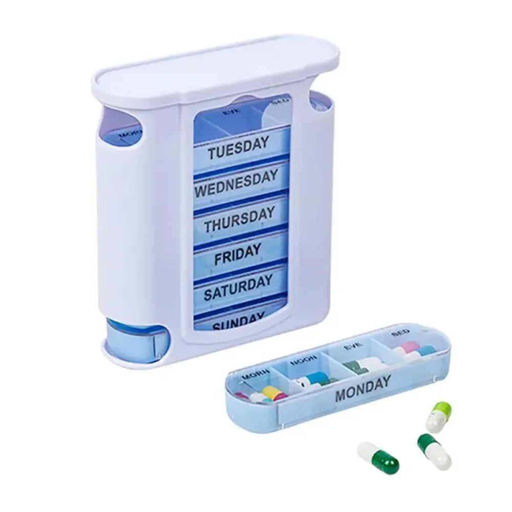 Weekly Pill Organizer with 28 Compartments - Detachable, Sealed Medicine Storage Box for Pills & Candy - White/Blue