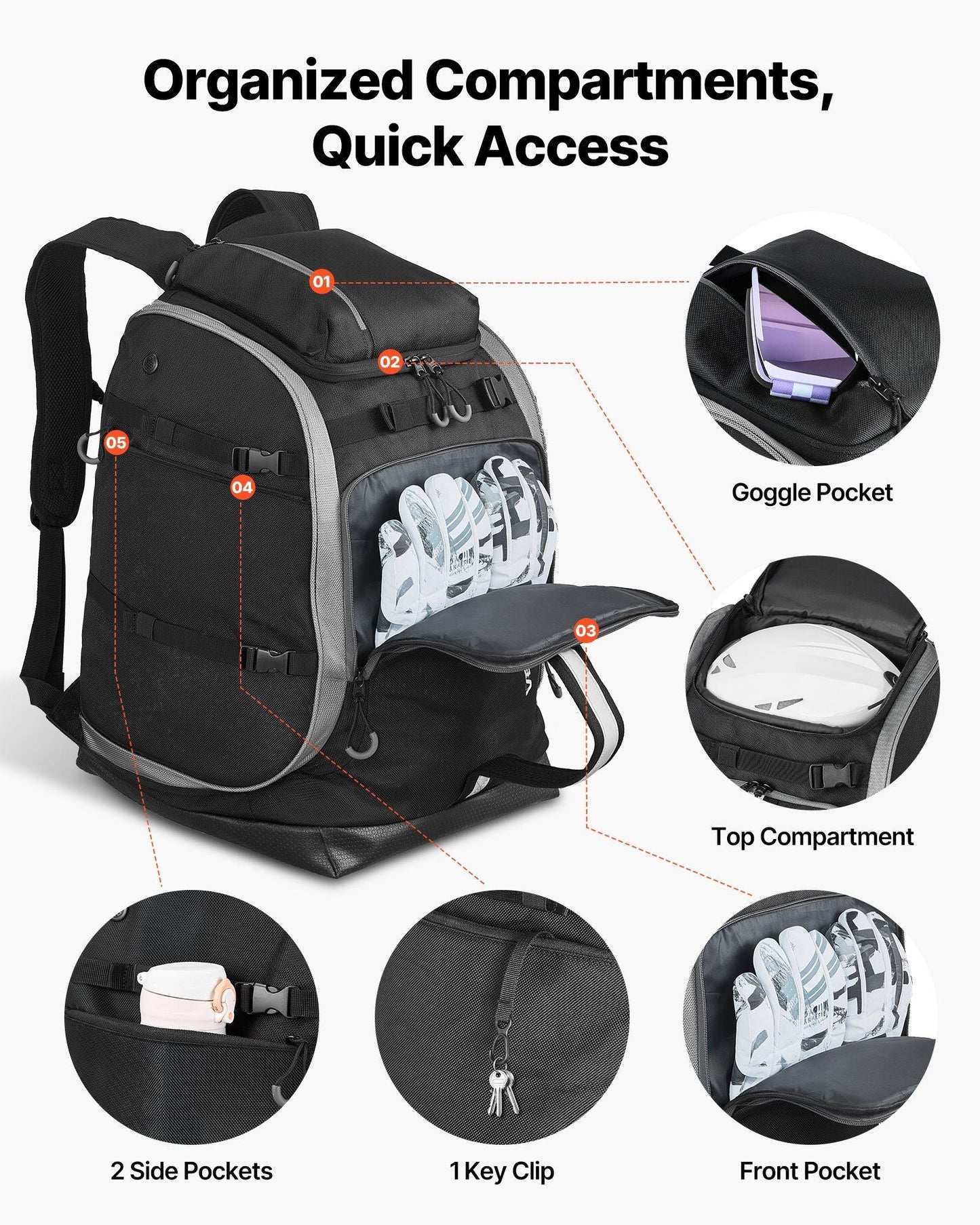 Ski Boot Bag Snowboard Boots Travel Backpack 55L Waterproof Oxford Black
