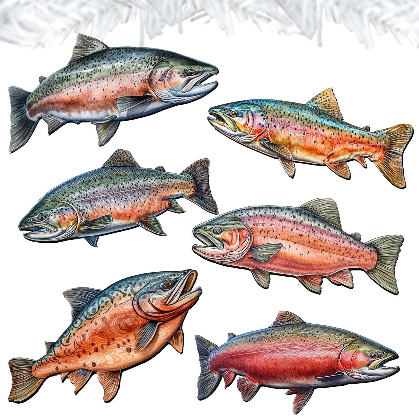 Wild Salmon Tales Clip-On Eco Wood Decorative Ornaments Set of 6 by G. Debrekht - Wildlife Decor - 8090109C-S6