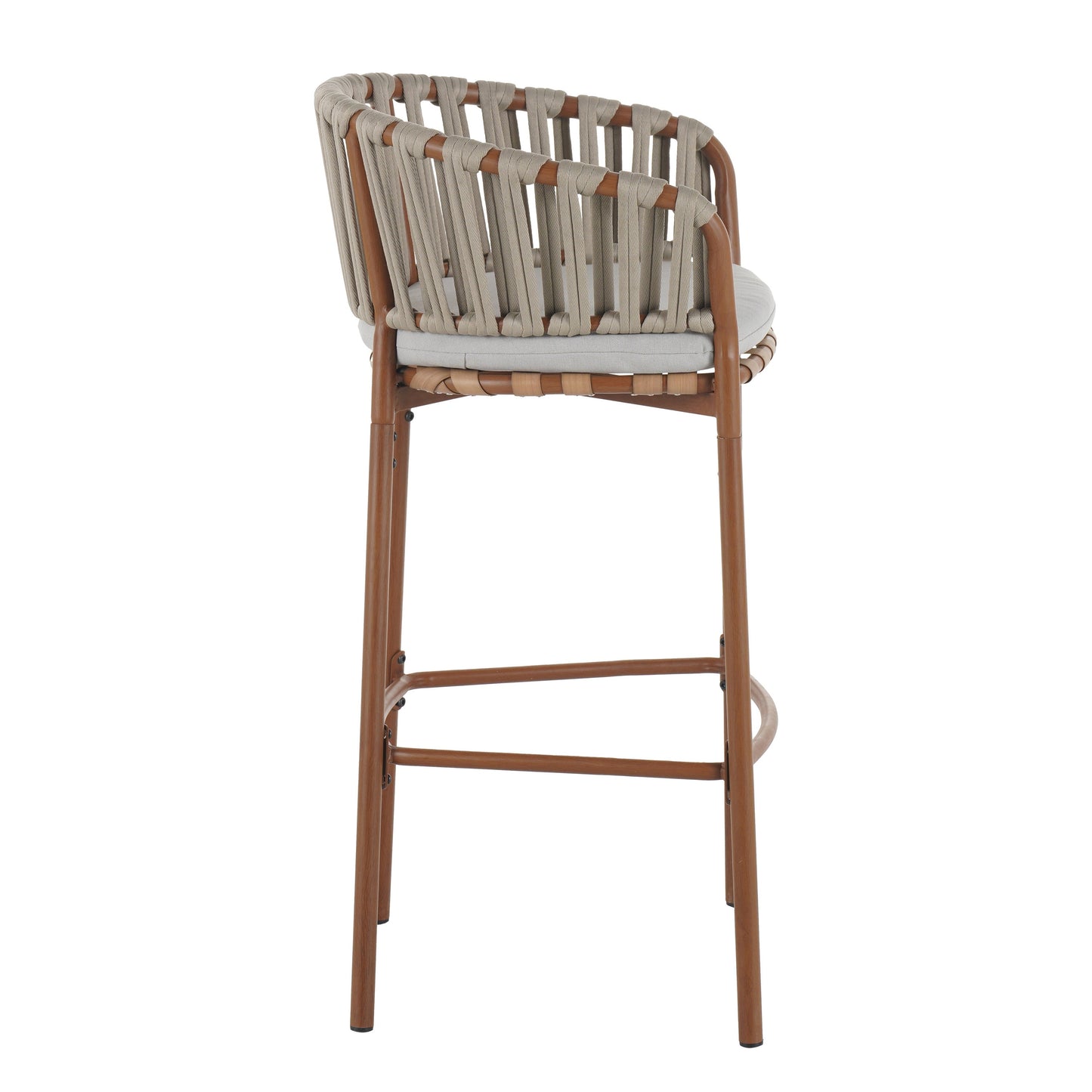 Lodi Outdoor Metal Rope Barstool, Teak Finished Frame and Beige Cushion, Set of 4
