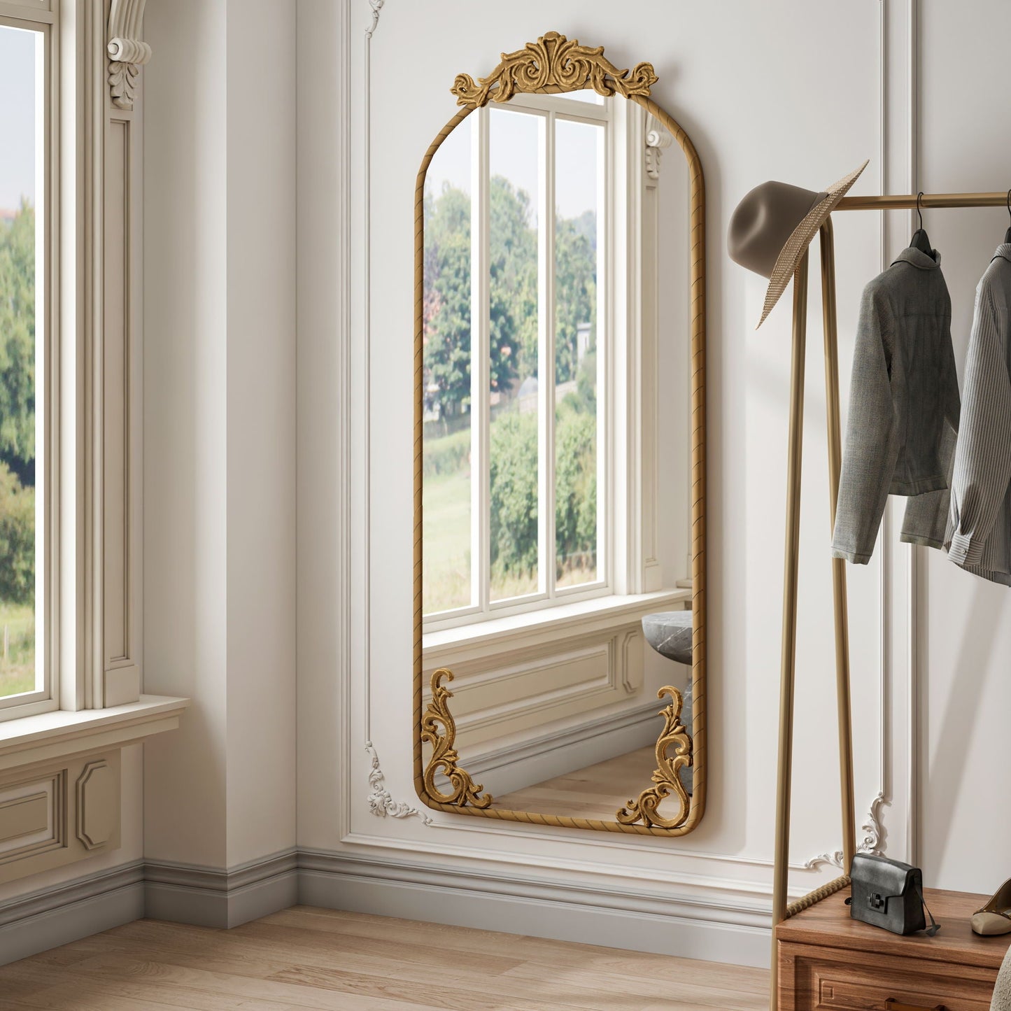 Full Body Arched Mirror With Vintage Carved Applique