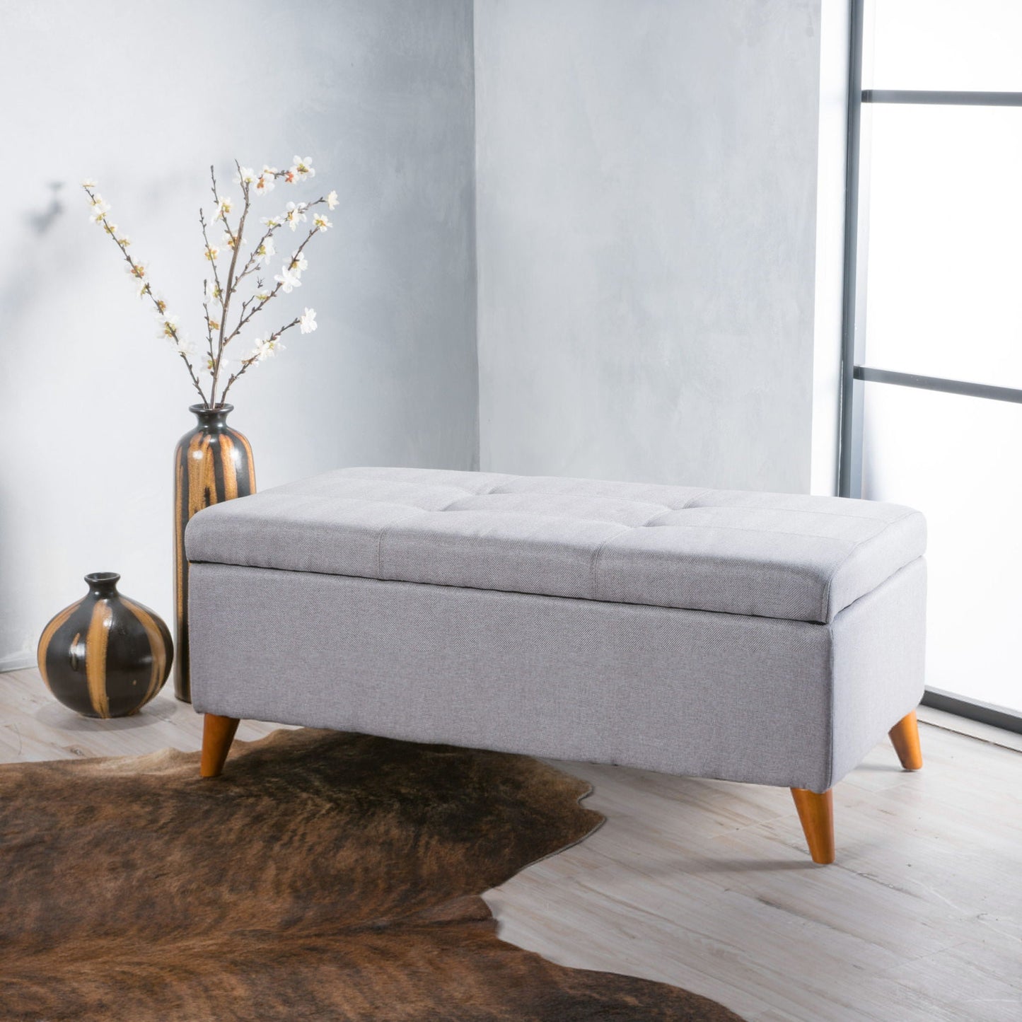 Kinetics Upholstered Storage Ottoman With Lift-Top And Button Tufted Seat - Light Gray