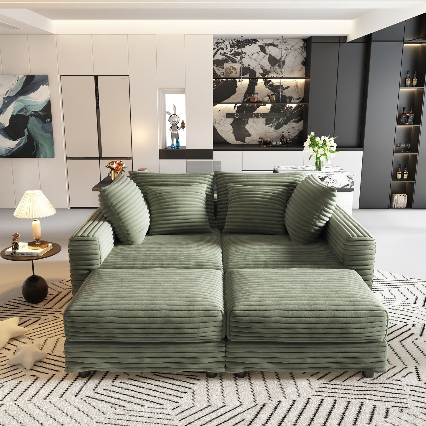 Convertible Deep Seat Sofa With Soft Pillows And Ottomans