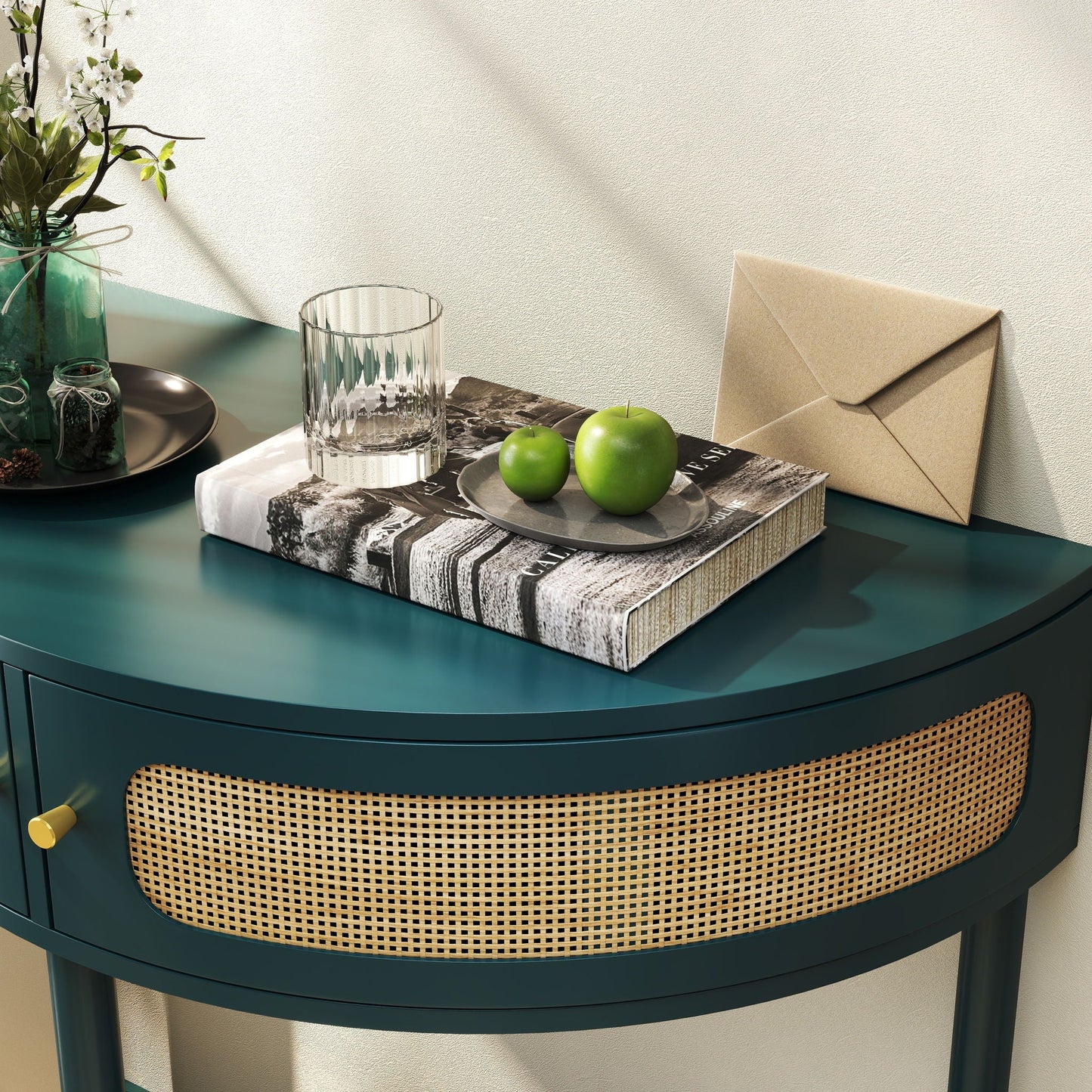 Boho Rattan Semi Circle End Table With Sliding Rattan Door, Storage And Bottom Shelf