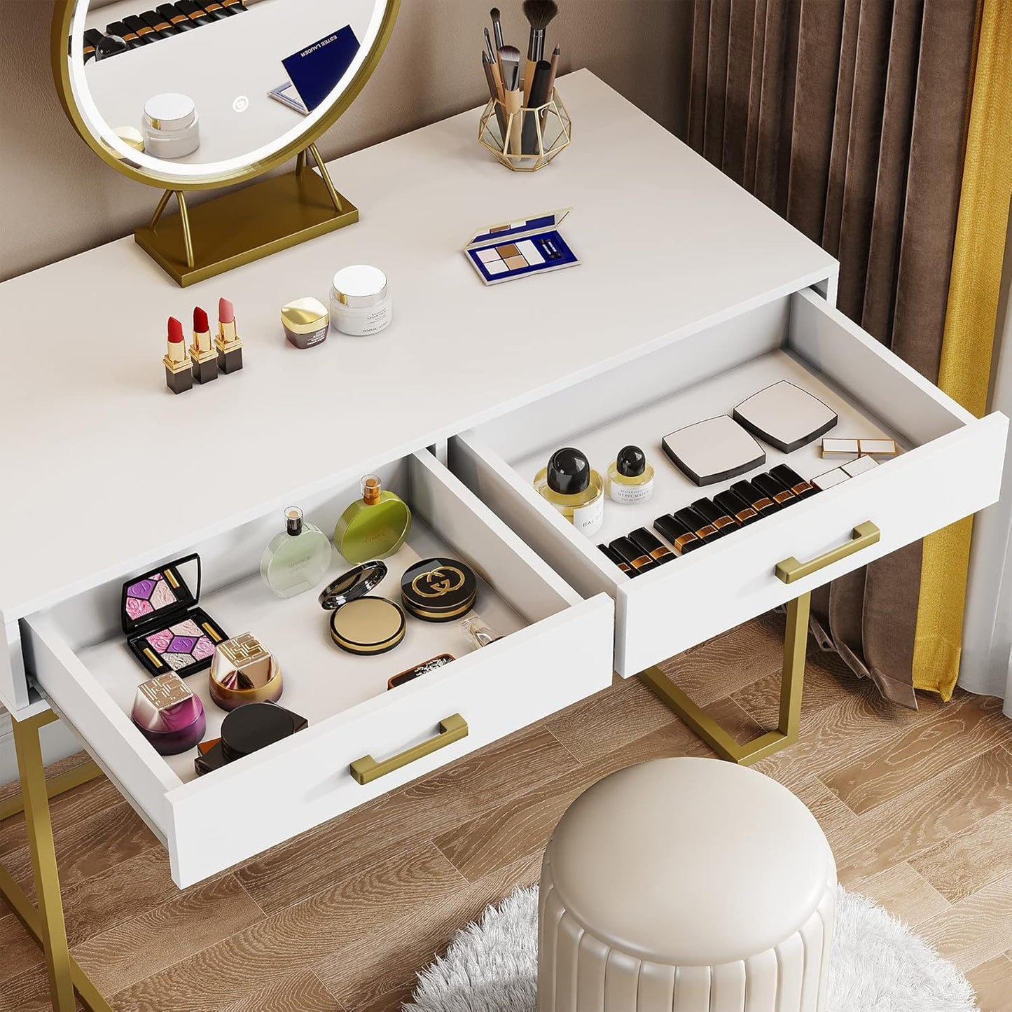 Minimalist Home Office Computer Desk With 2 Drawers, Compact Writing Table For Small Spaces - White / Gold