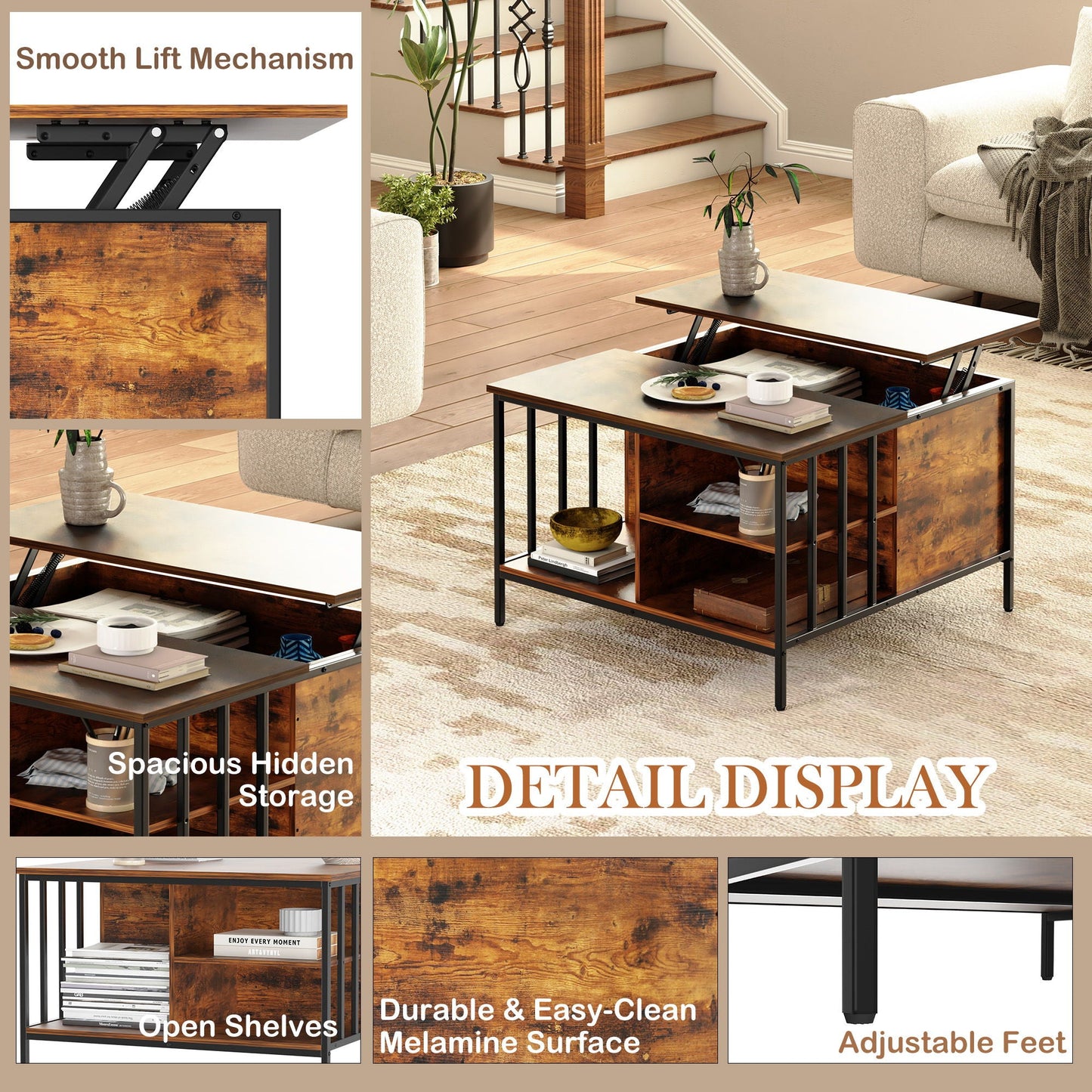 Lift Top Coffee Table With Storage Adjustable Height - Black