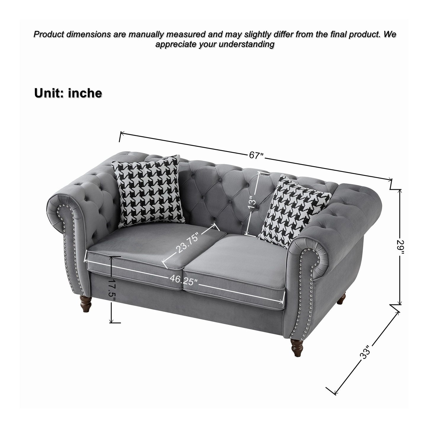 Chesterfield Upholstery Fabric Loveseat With Roll Armrest And Nailhead