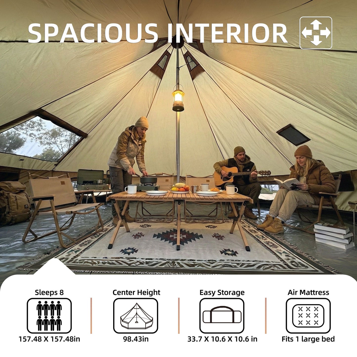 4 Season Bell Tent 13.1FT, Green Waterproof Glamping Yurt Tent