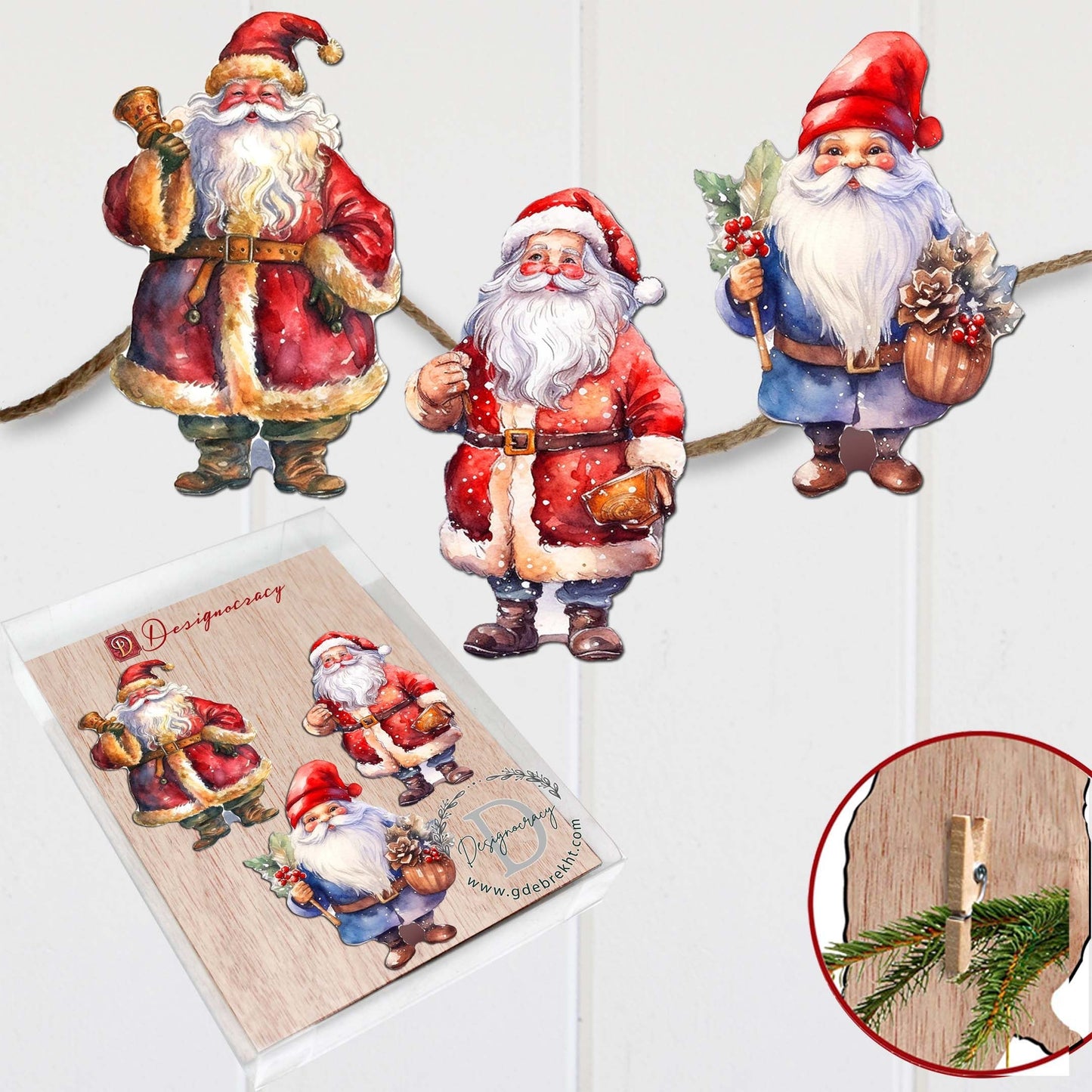 Santa Clip-On Eco Wood Decorative Ornaments Set of 3 by G. Debrekht - Christmas Decor - 8091009C-S3