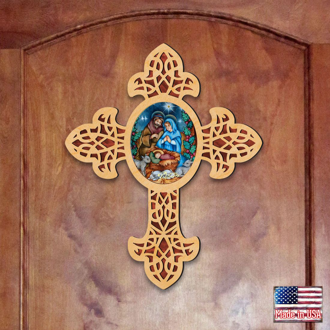 Village Nativity Pointy Wooden Cross by Museum Icons - Inspirational Icon Decor - 88389