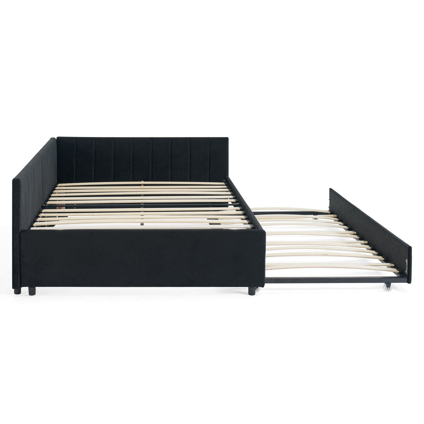 Full Size Upholstered Daybed With Trundle, Tufted Backrest And Armrests - Black