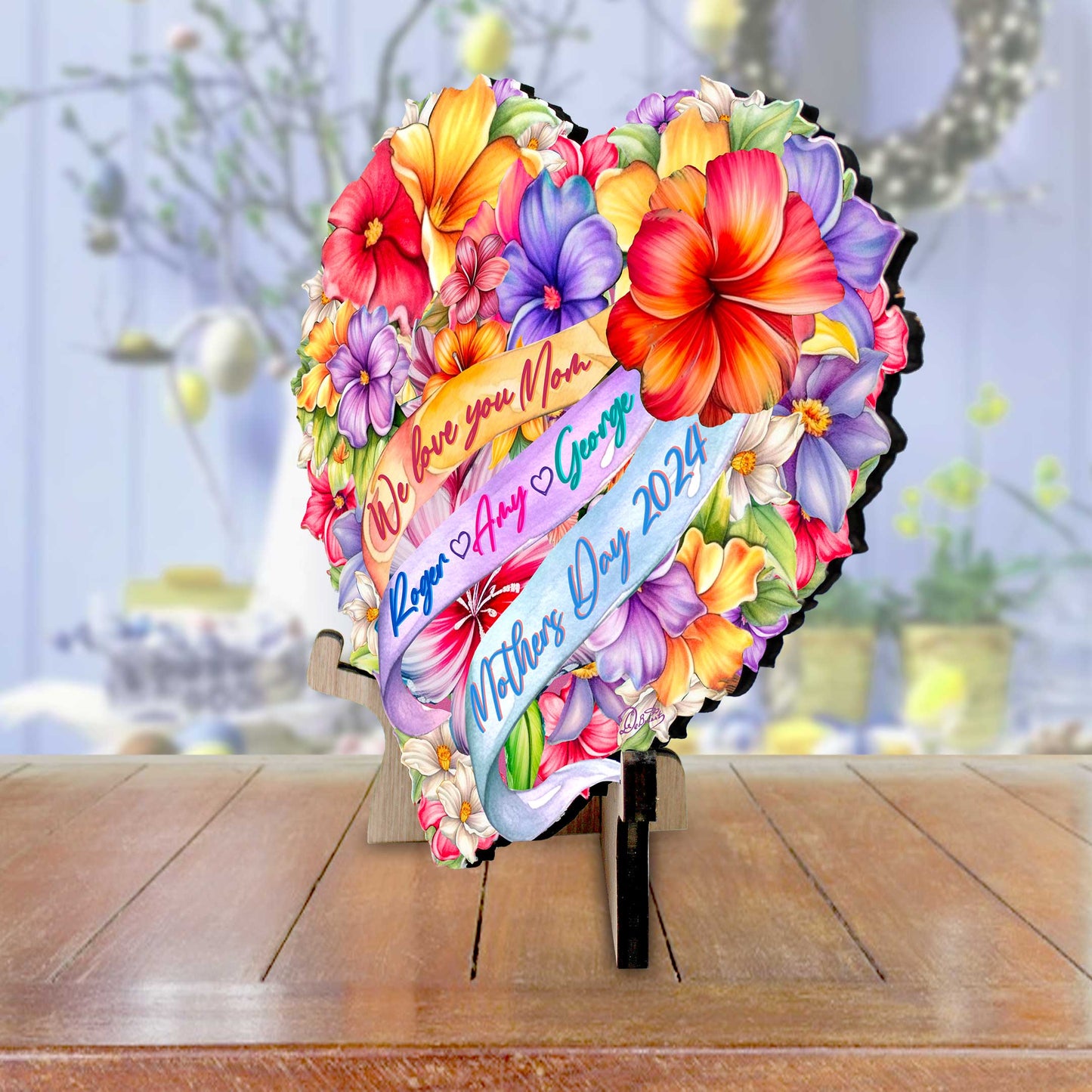 Personalized Mother's Day Gift - Family Names Flower Heart on Stand Wooden Decoration, Gift for Mom by G. Debrekht Family Love Decor - 8688300