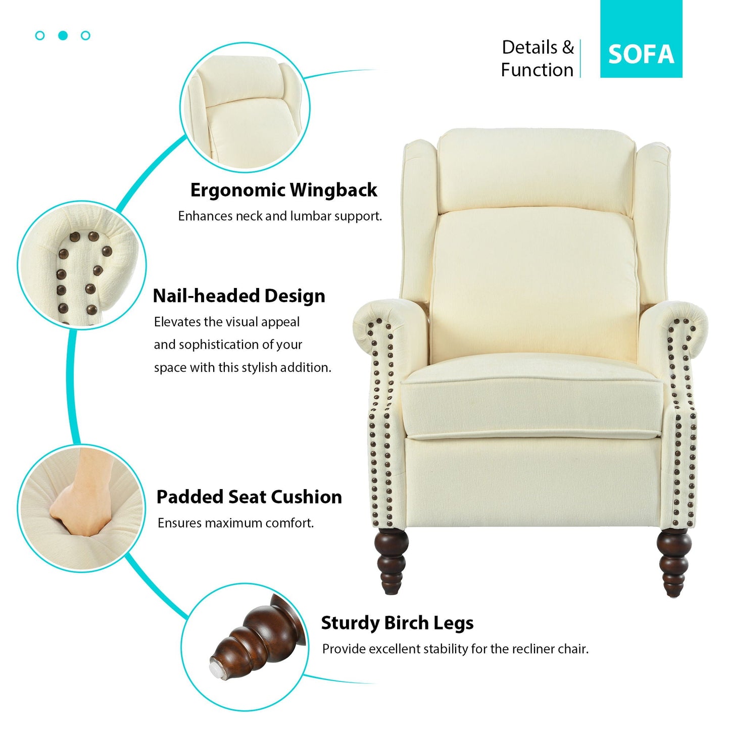 Push Back Recliner Chair Upholstered With Classic Wing Back And Solid Gourd-Shaped Legs