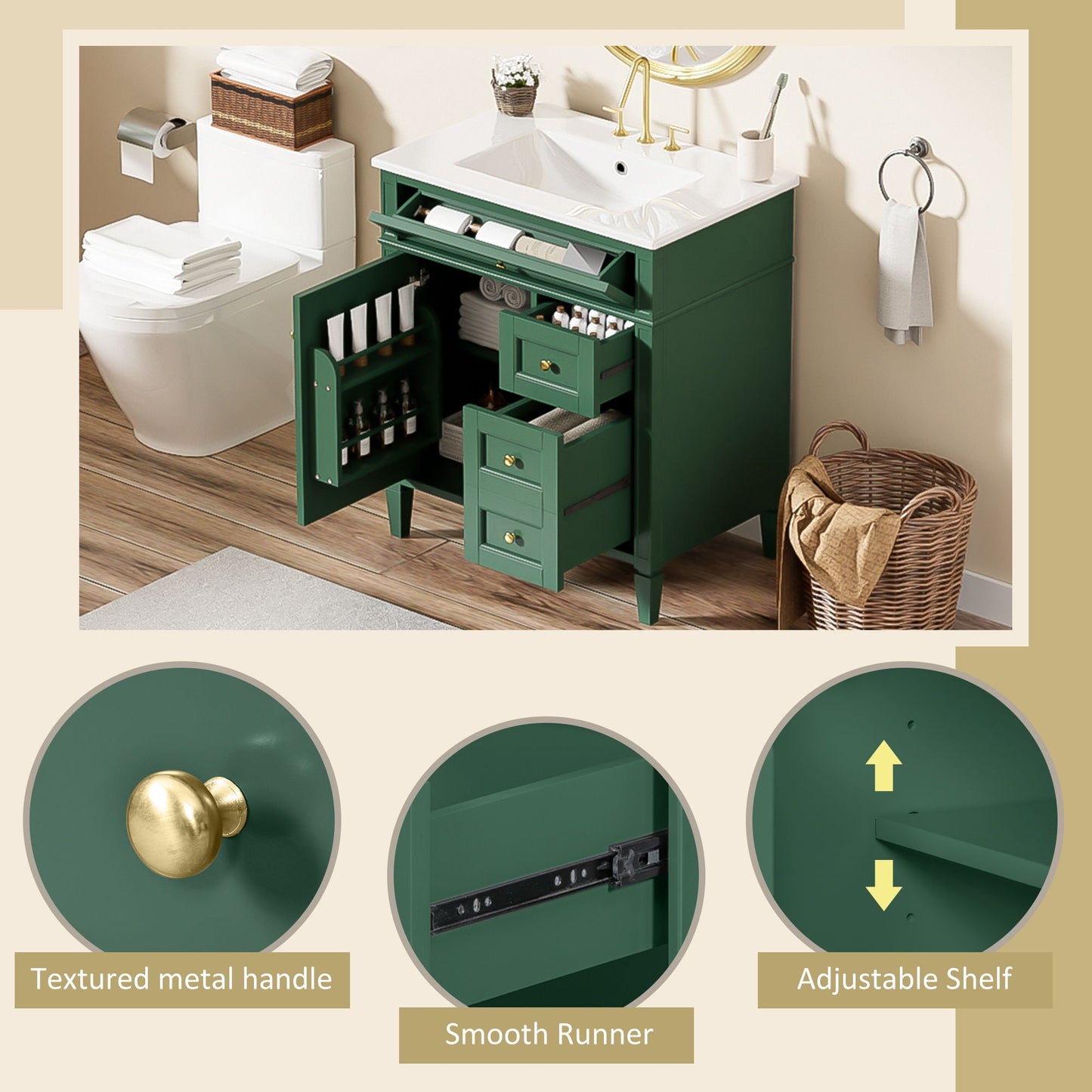 Bathroom Vanity With Top Sink, 2 Drawers & Tip Out Drawer