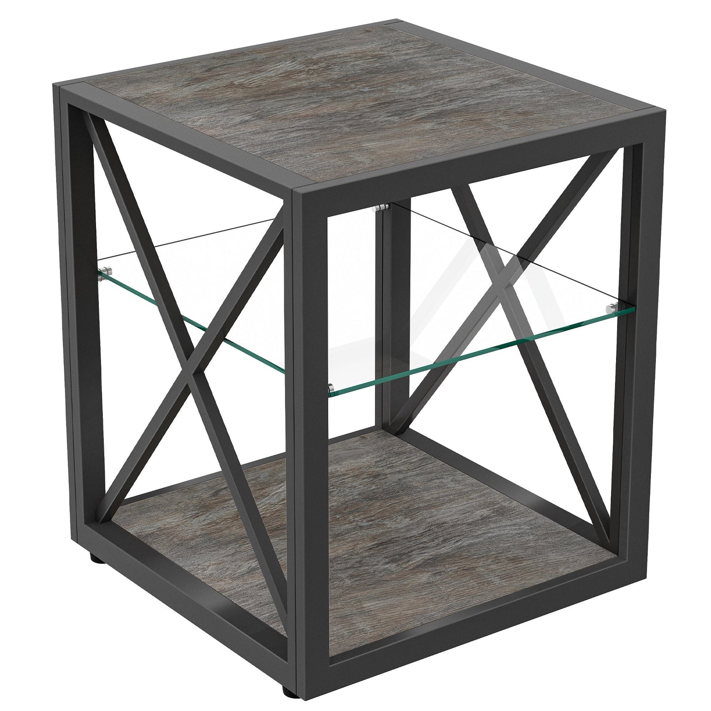 Modern End Table Nightstand with Tempered Glass & Wood Grain MDF
