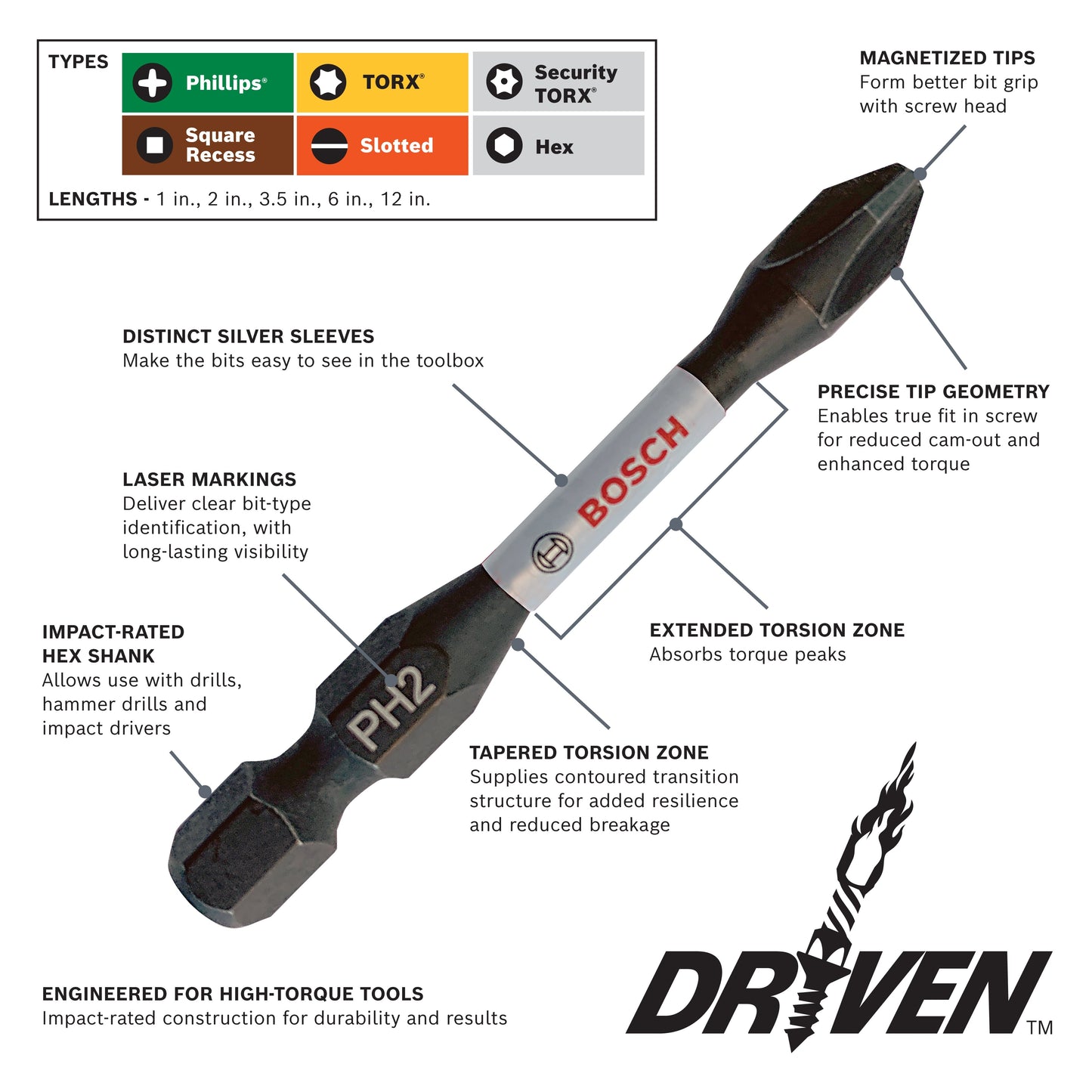 BOSCH ITDPH2601 Driven 6 In. Impact Phillips® #2 Power Bit