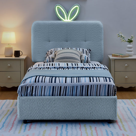 Twin Size Kids Upholstered Bed with Oversized Rabbit Ear Headboard