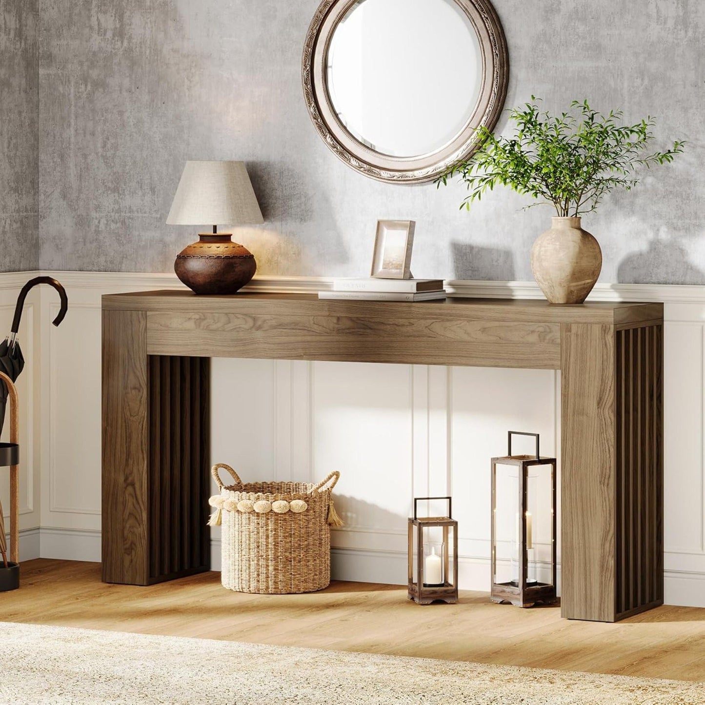 Console Table With Vertical Slat Legs For Entryway - Rustic Brown