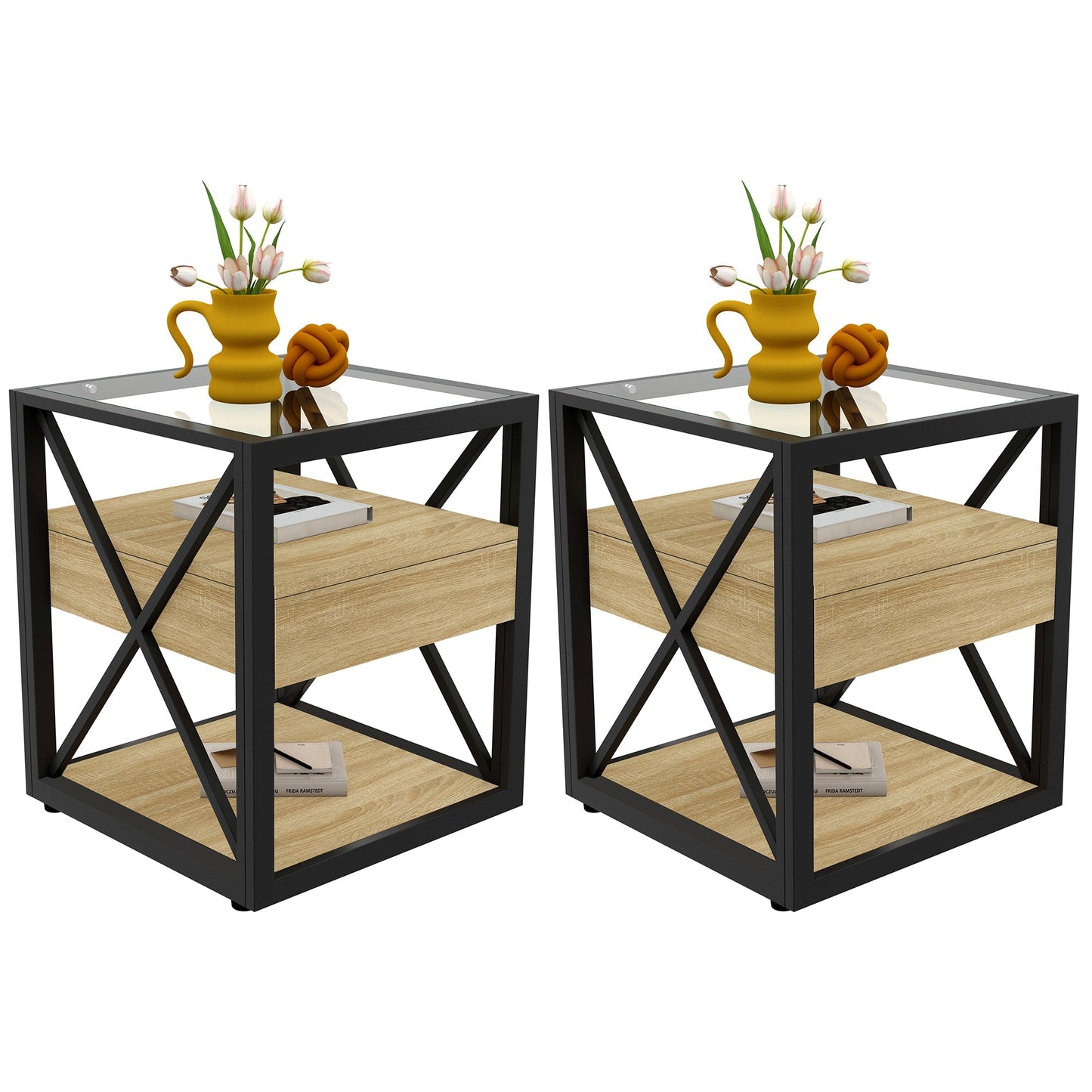 Set of 2 Modern End Tables with Drawer - Nightstands for Bedroom & Living Room