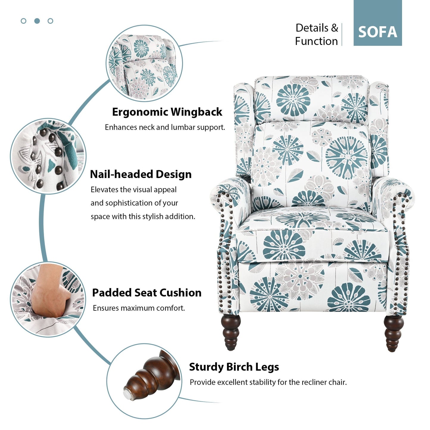 Push Back Recliner Chair Upholstered With Classic Wing Back And Solid Gourd-Shaped Legs