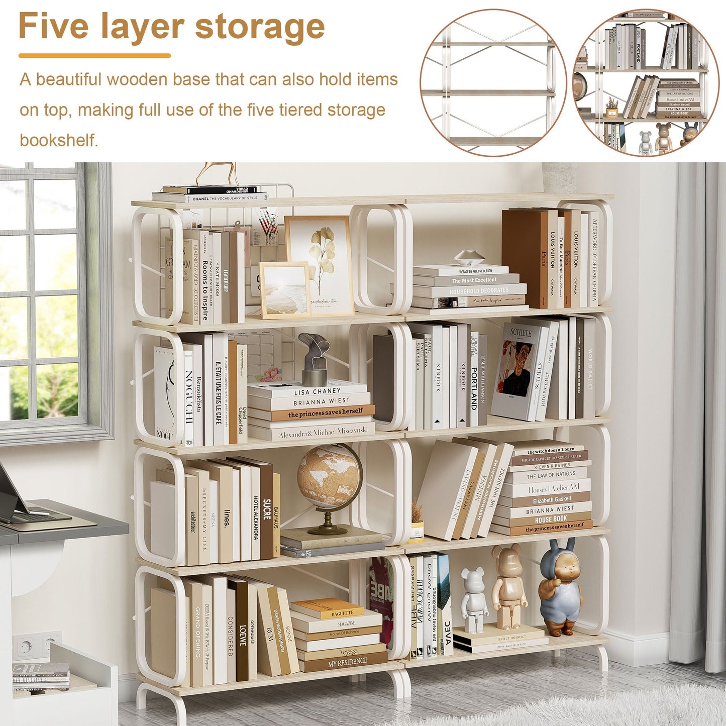 5 Tier Industrial Bookshelf, Tall Bookcase With Open Design, Vintage Storage Organizer