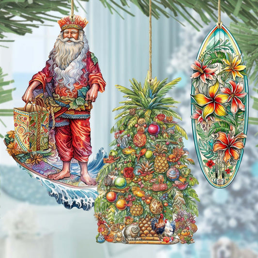 Santas Around the World - Hawaiian Inspired Santa - Eco Wood Ornaments Set of 3 by G. DeBrekht Christmas Santa Snowman Decor - 8091313S3