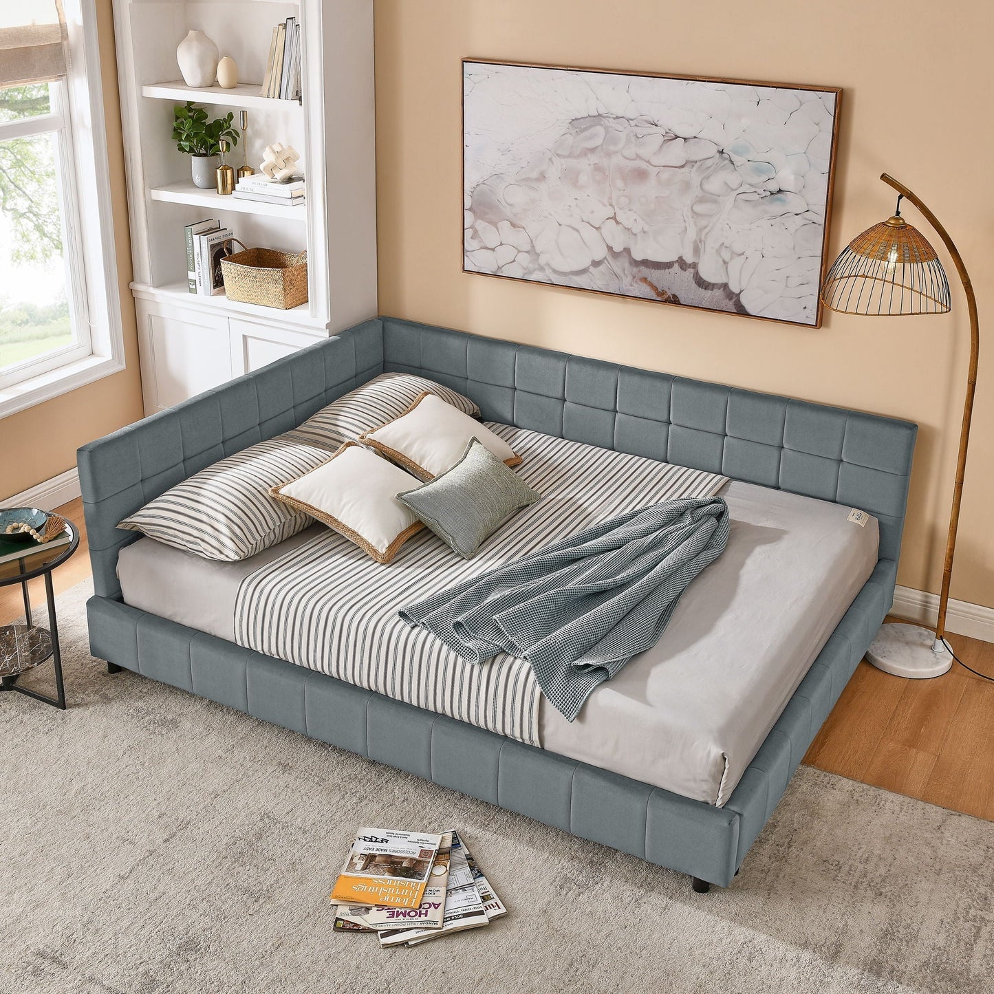 Mid-Century Storage Upholstered Tufted Bed Frame with Backrest and Armrests
