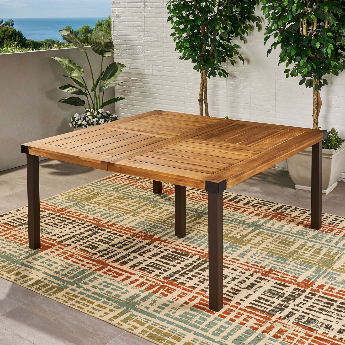 Lankershim Modern Industrial Dining Table With Acacia Wood Slat Design - Teak