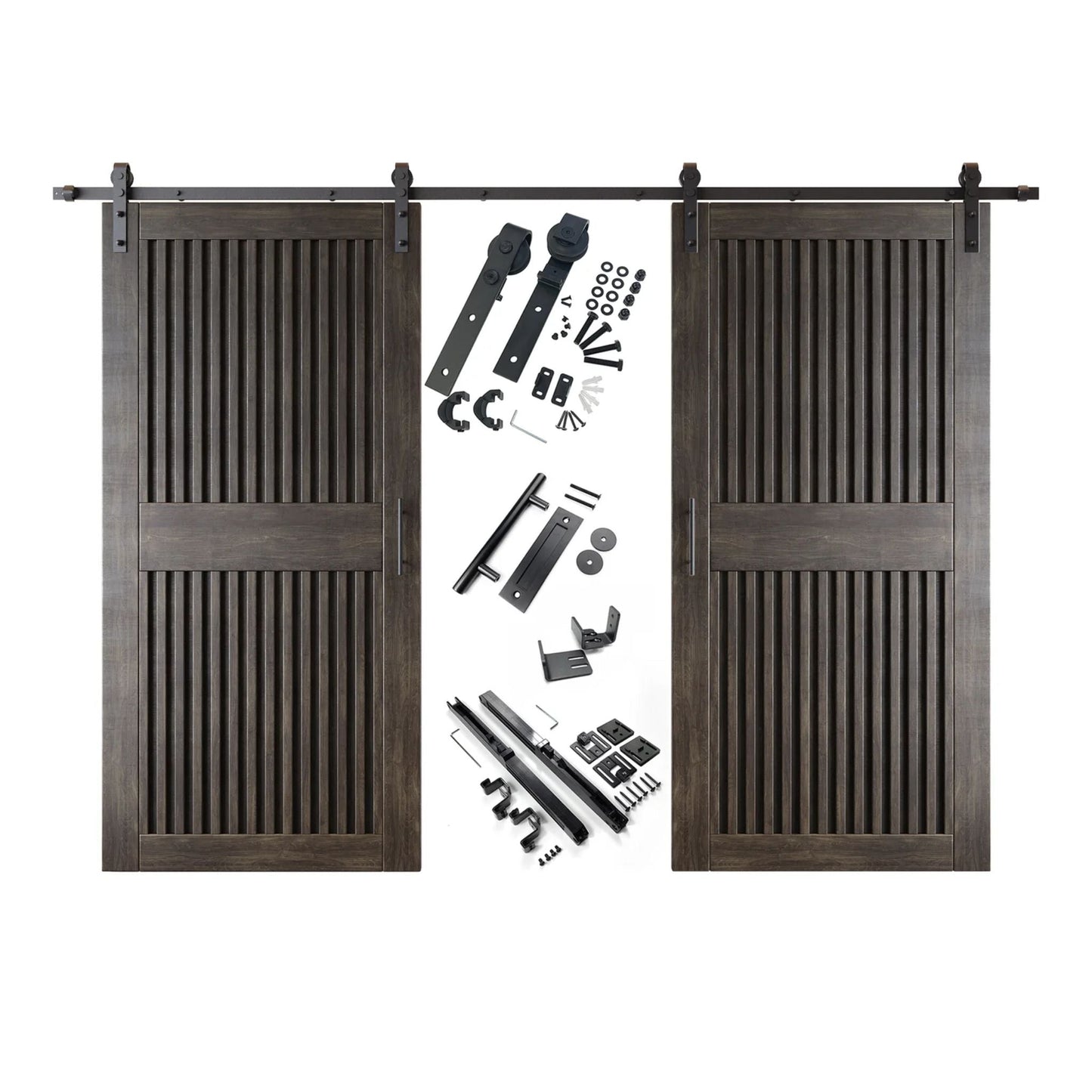 Vertical Slat Double Door Barn Door Kit | Black Barn Door Hardware