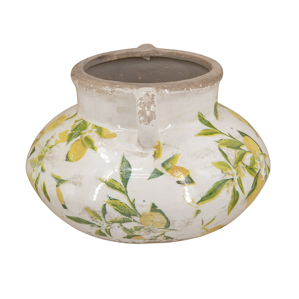 8.1x8.1x5.2" Ceramic Planter with Yellow Lemon and Green Leaf Motif