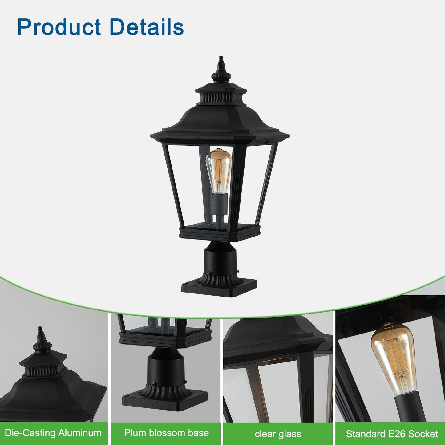 21' Outdoor Post Lantern Light 2-Pack – Vintage Black Metal & Clear Glass