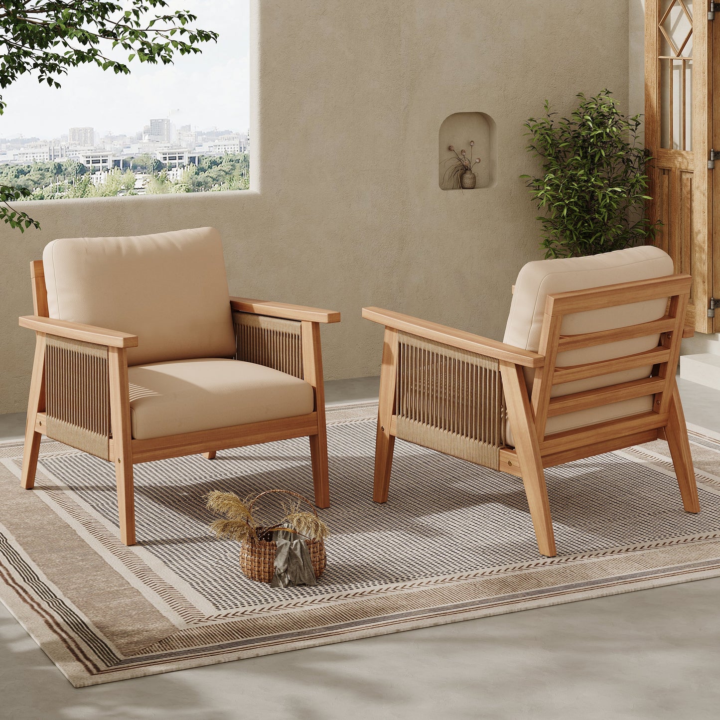 Outdoor Acacia Wood and Rope Patio Chair with Cushions (Set of 2)