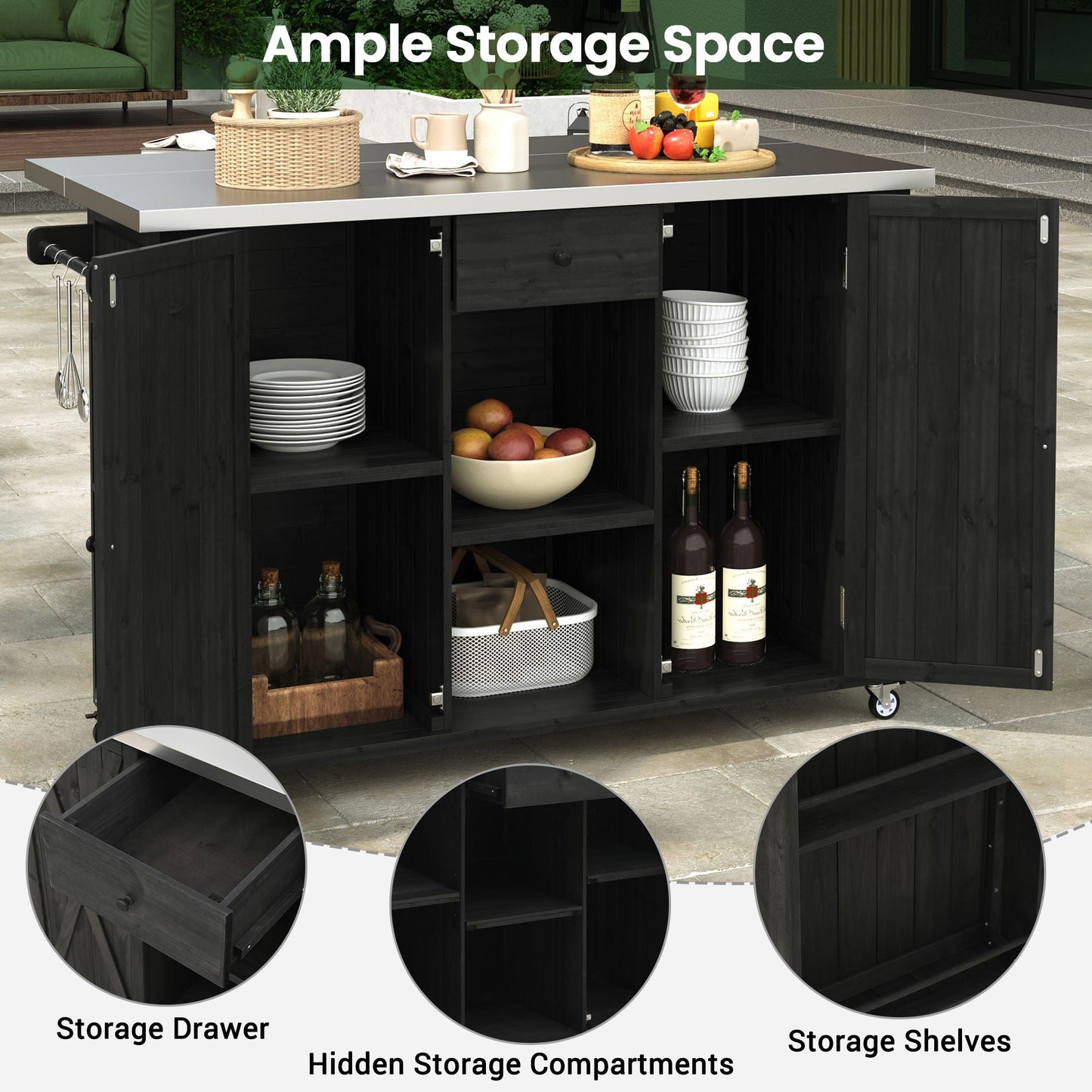 Outdoor Kitchen Island With Stainless Steel Top, Ample Storage Space, Towel And Spice Racks And A Bottle Opener