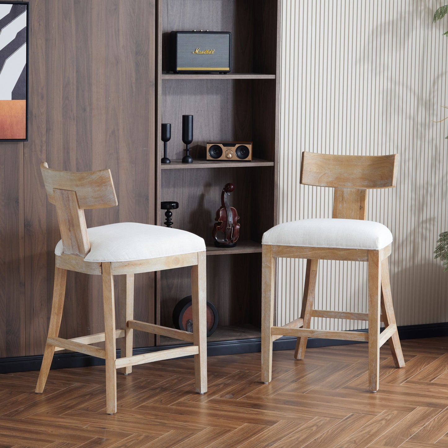 Upholstered Counter Height Bar Stools with Solid Rubber Wood Frame (Set of 2)
