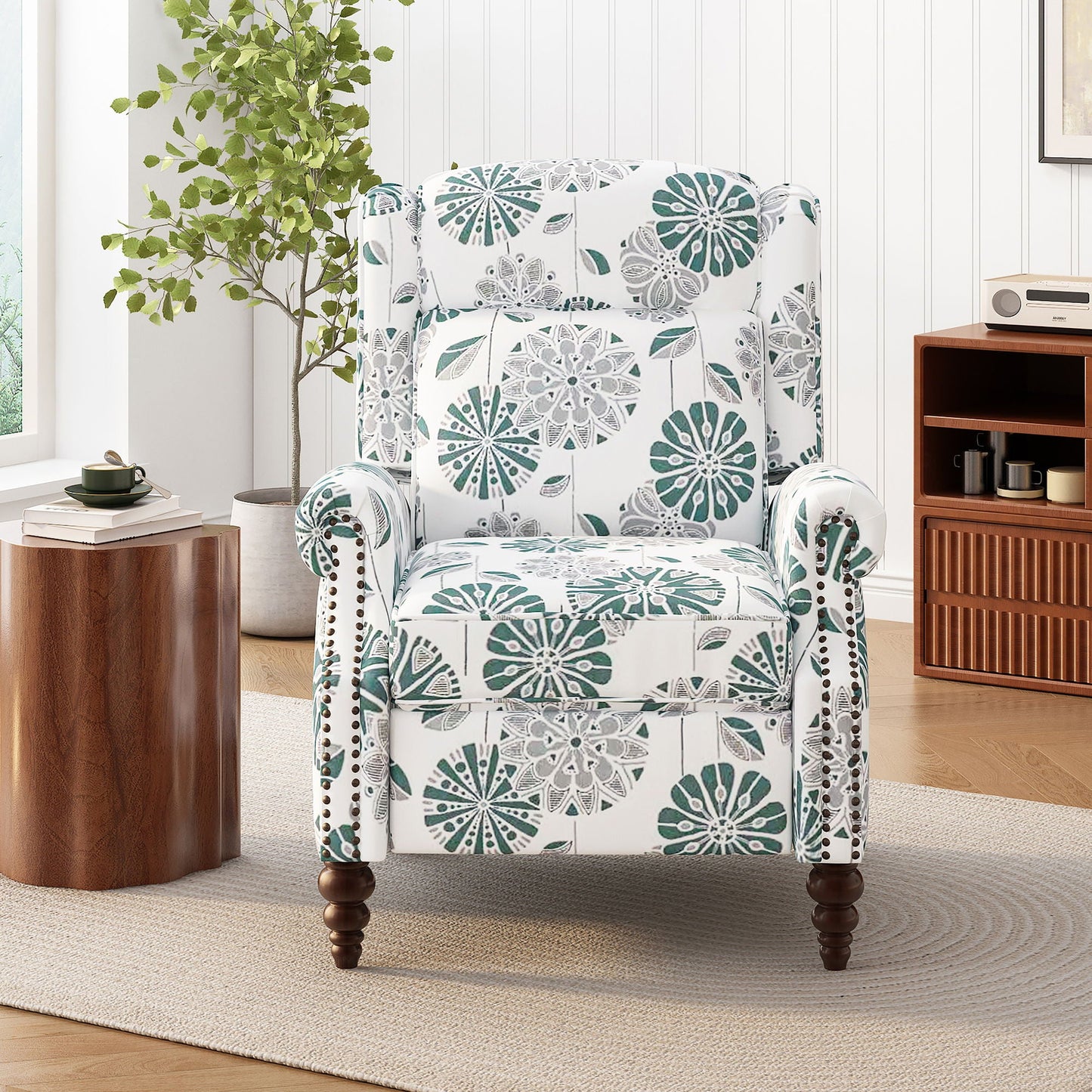 Push Back Recliner Chair Upholstered With Classic Wing Back And Solid Gourd-Shaped Legs