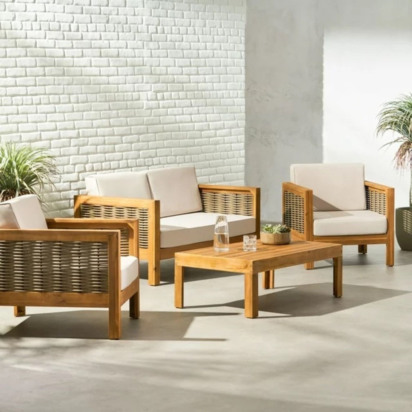 Outdoor 4 Seater Acacia Wood Chat Set With Wicker Accents And Cushions