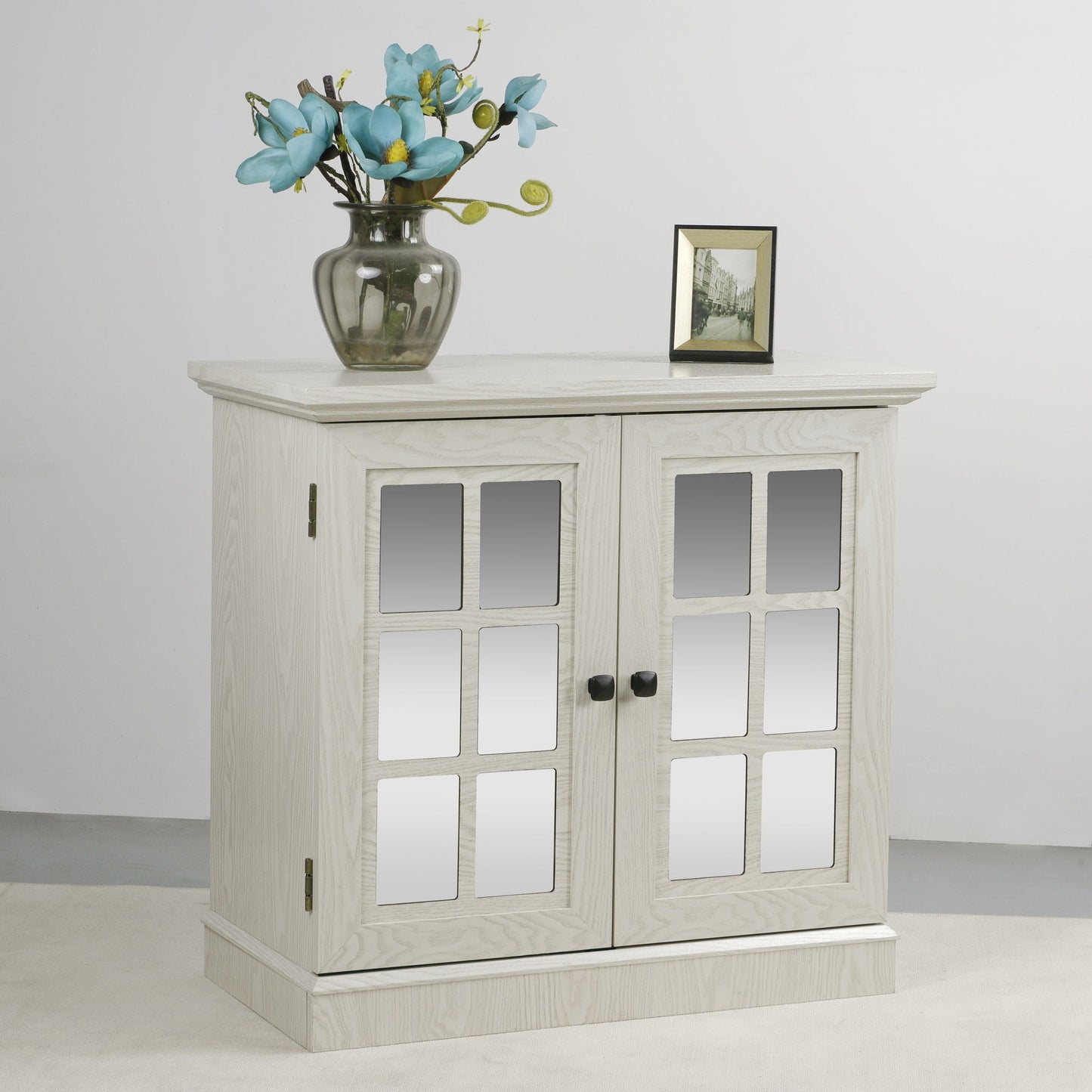 Sideboard Cabinet With Mirrored Doors, Adjustable Shelf, Metal Handles