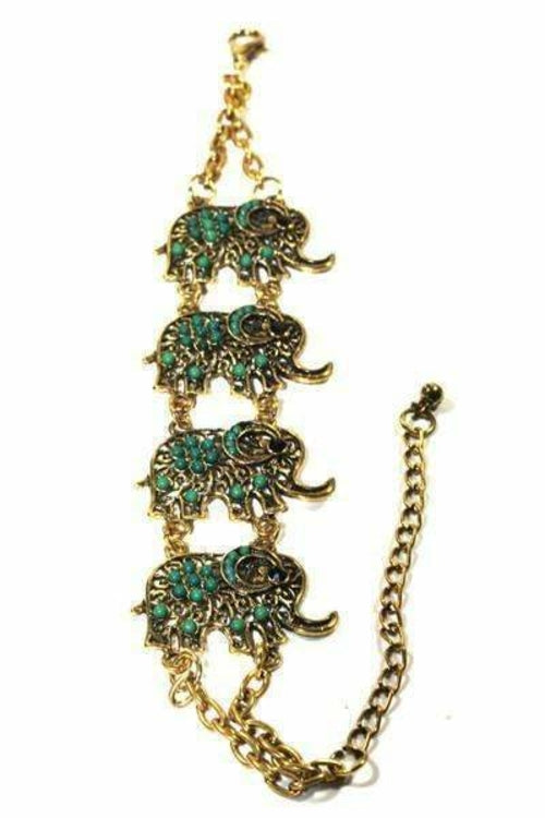 Colorful Bead Elephant Bracelet Gold Tone Antique Charm