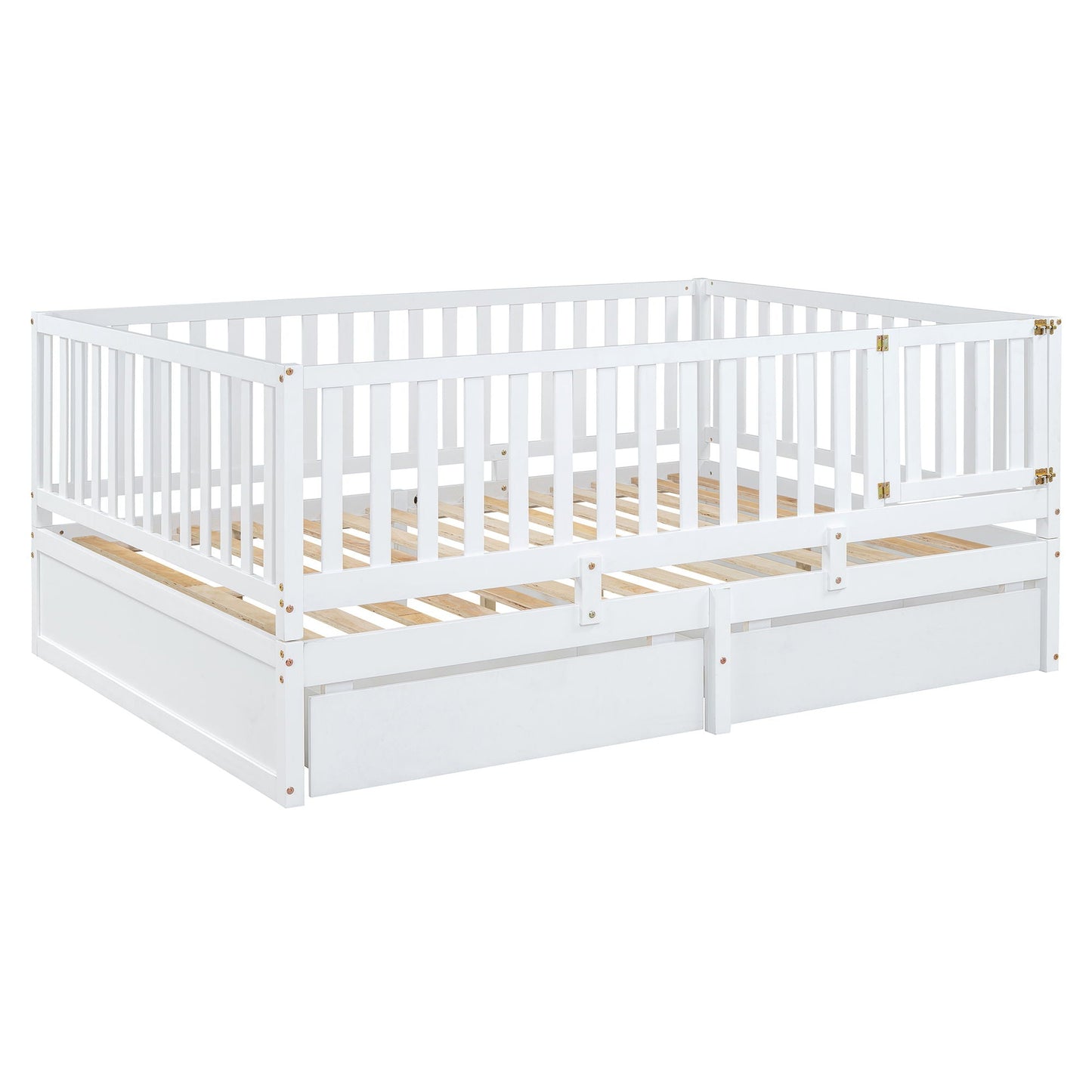 Daybed With Fence Guardrails And 2 Drawers, Split Into Independent Floor Bed & Daybed