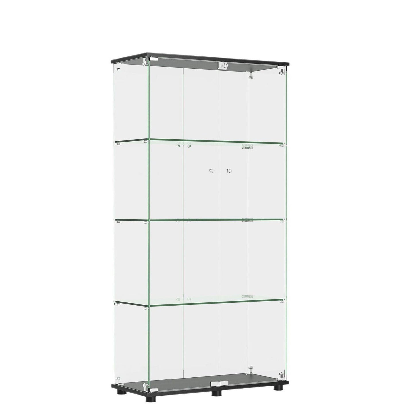 Modern Glass Display Cabinet With 4 Shelf Double Doors And Lock, Tempered Glass Bookshelf For Living Room - Black