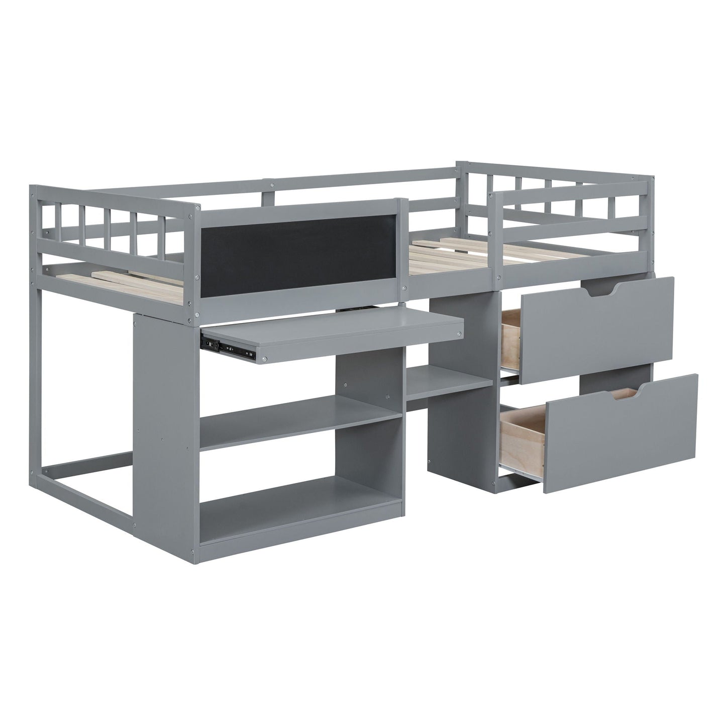 Low Loft Bed With Rolling Desk, Shelf And Drawers
