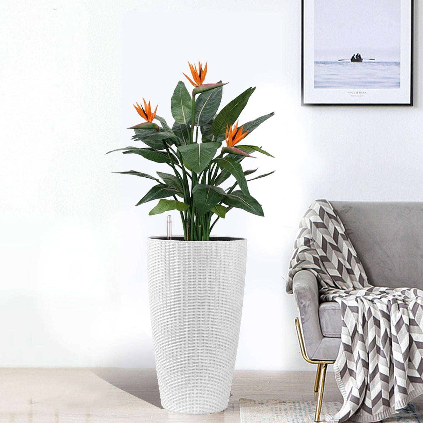 Set of 2 Faux Rattan Tall Planters with Automatic Watering System